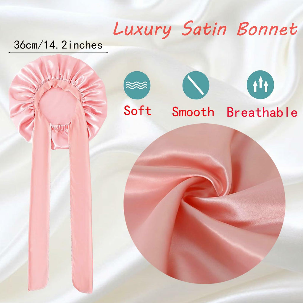 yqswstl 2Pc Silk Bonnet Satin Hair Wrap Tie Band Adjustable Pink+Black